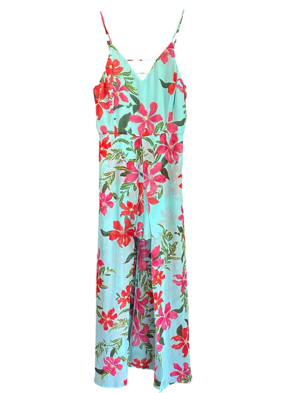 Guess Aqua Floral Strapless Maxi Dress with Pink & Red Flowers